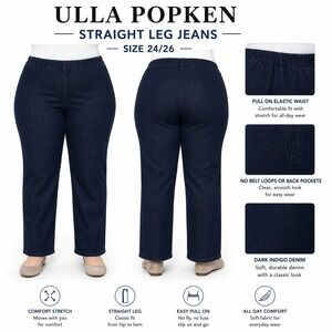 Ulla Popken Womens 24/26 Dark Indigo Straight Leg Pull‎ On Elastic Waist Jeans